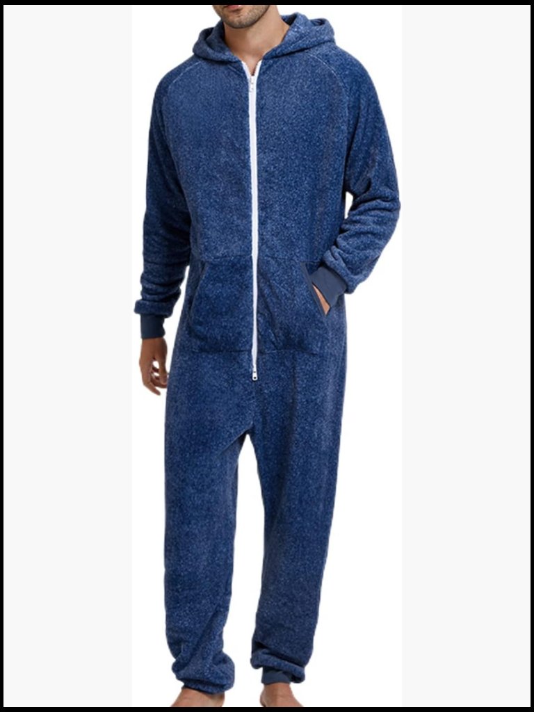 Men's Hooded Onesie Pajamas Lightweight Fuzzy Fleece Zip Up Jumpsuit